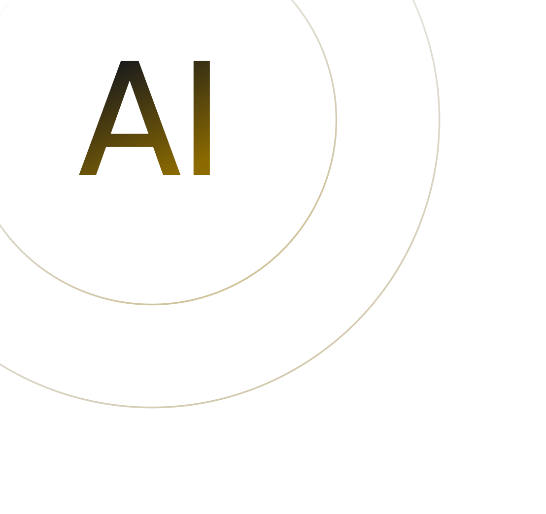 Golden gradient letters 'AI' with three concentric golden rings on a black background.