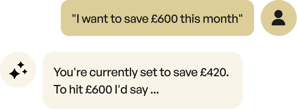 Chat interface showing user message saying 'I want to save £600 this month' and assistant reply stating 'You're currently set to save £420. To hit £600 I'd say ...'.