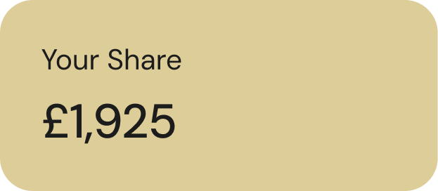 Beige rounded rectangle showing 'Your Share' and amount '£1,925' in black text.