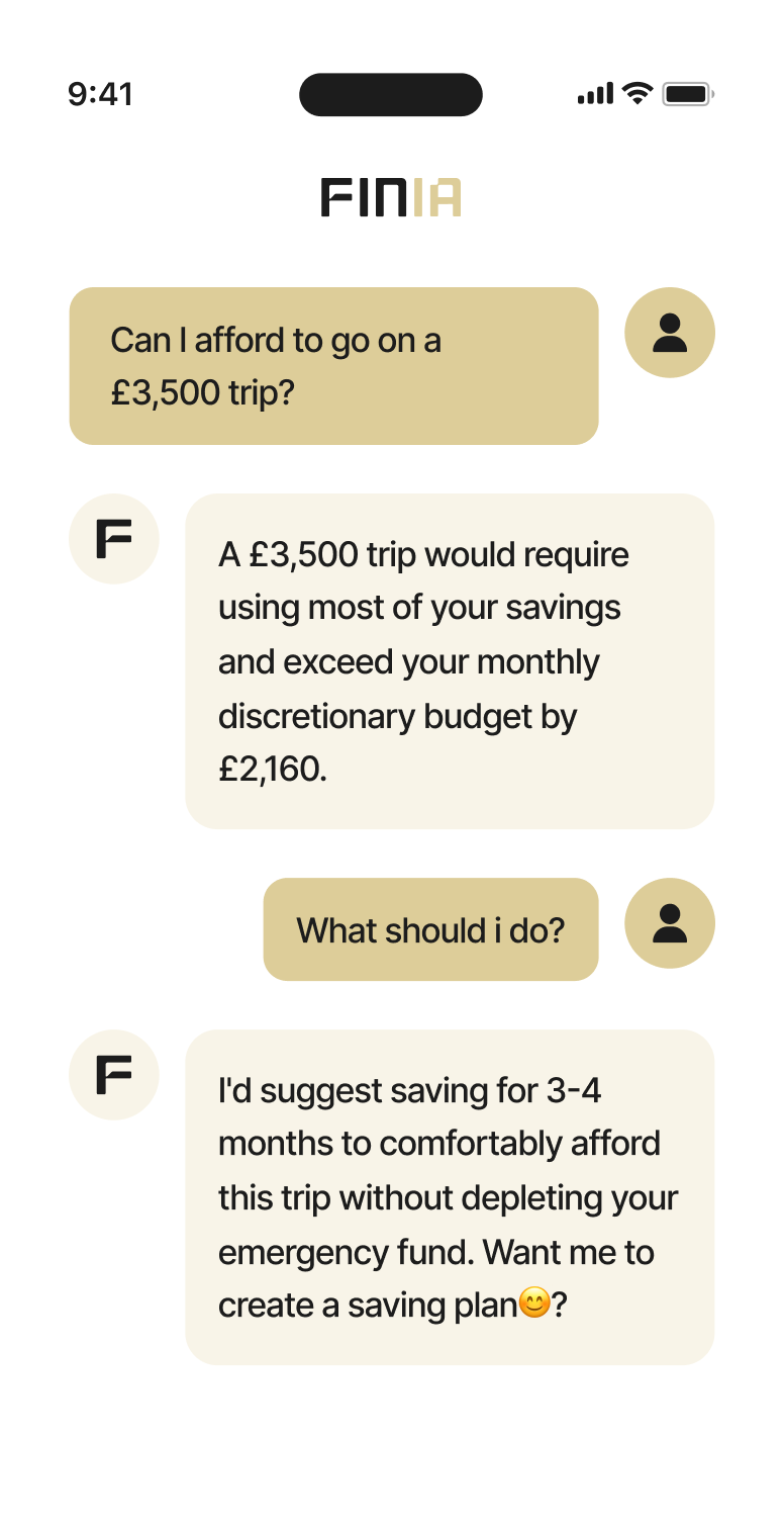 Chat interface of FinIA app showing a user asking about affording a £3,500 trip and the app advising saving 3-4 months to afford the trip without depleting emergency funds.