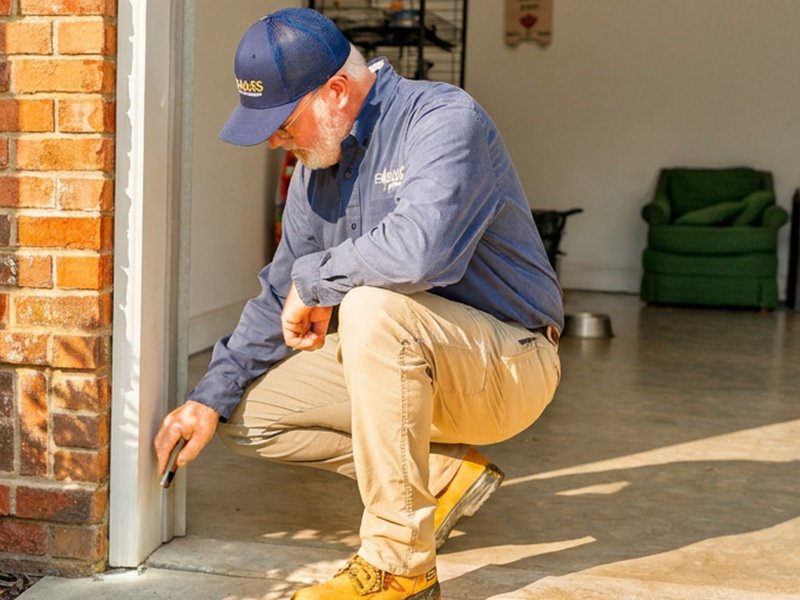pest tech inspecting doorway