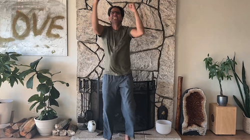 Person in casual clothes raising fists and jumping in front of a stone fireplace surrounded by potted plants and decorative objects.