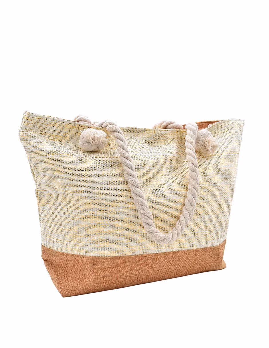 Bolsa Tote de Playa Beige Detalles Tejidos Dorados 