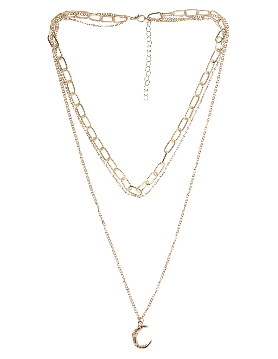Collar triple, diferente grosor y dije en forma de luna