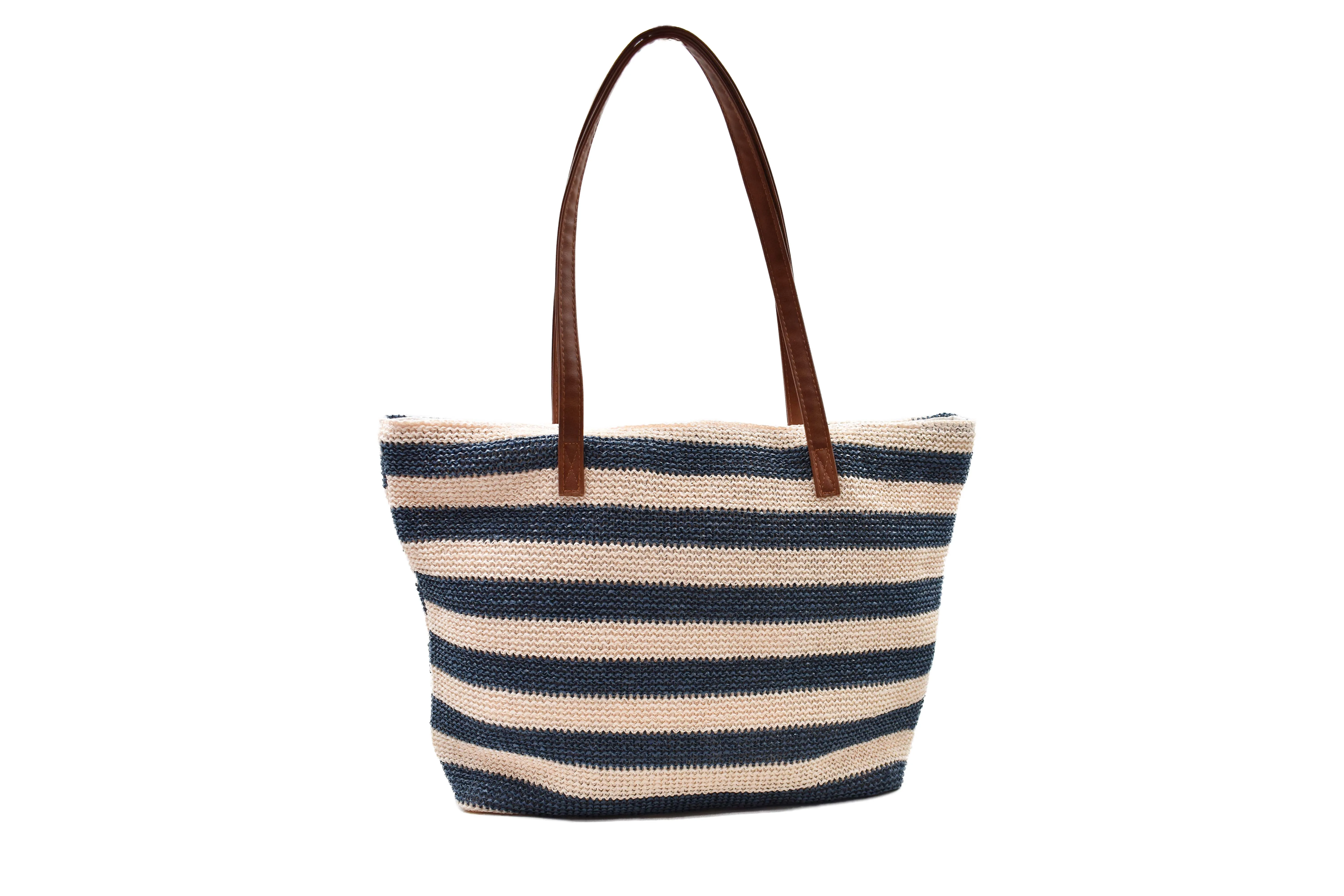 BOLSA DE PLAYA CON LINEAS BLANCAS CON AZÚL  ASA CAFÉ