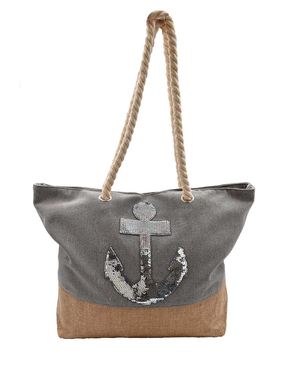 Bolsa Tote de Playa Gris Detalle de Ancla en Lentejuela Fondo Cafe