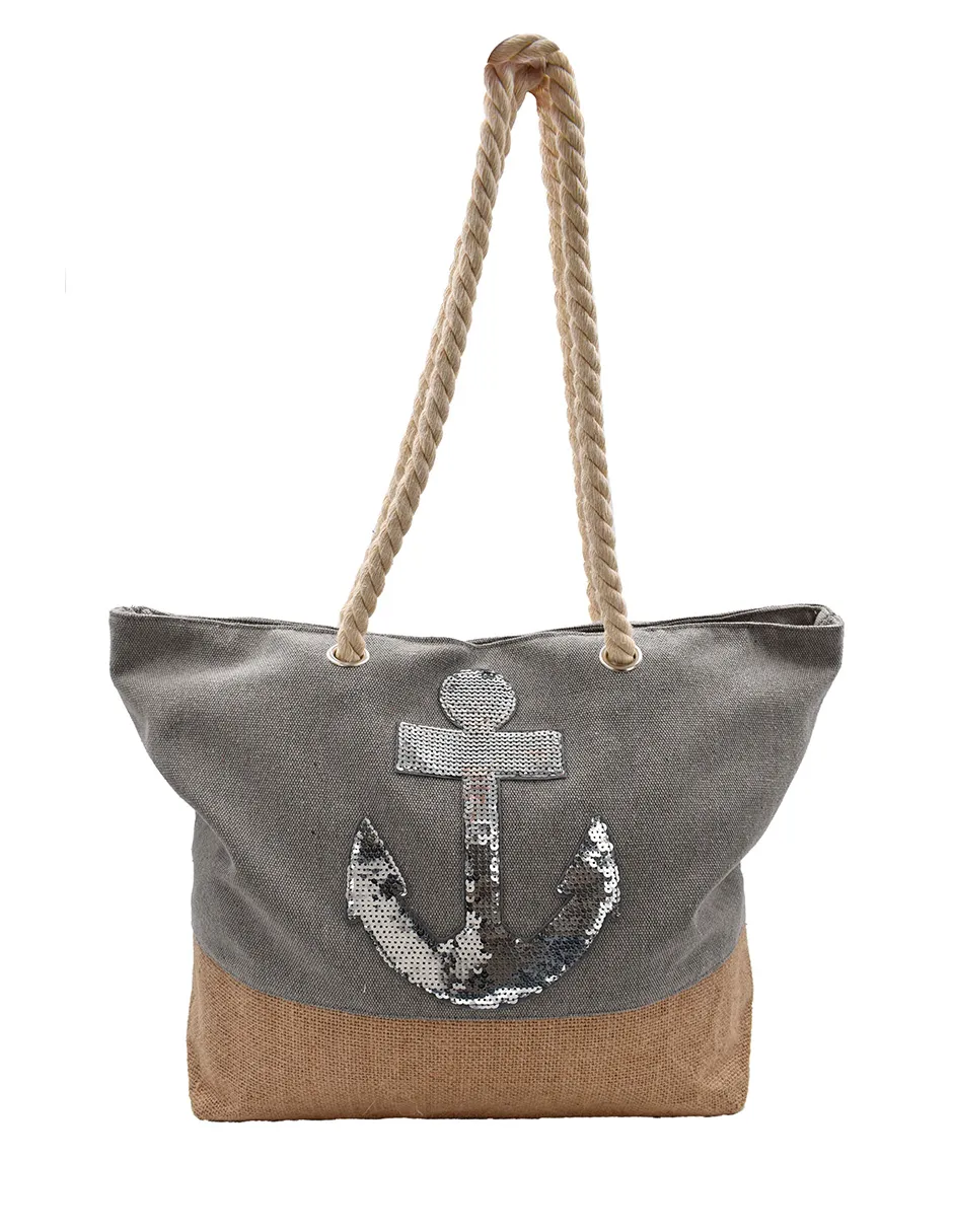 Bolsa Tote de Playa Gris Detalle de Ancla en Lentejuela Fondo Cafe