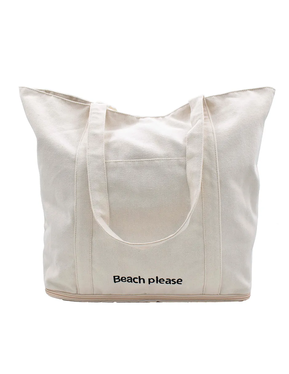 Bolsa Tote de Playa Crema Detalle de Frase Fondo Falso