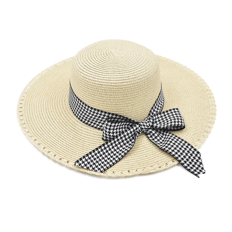 Sombrero tipo pamela, beige, detalle en cinta multicolor.