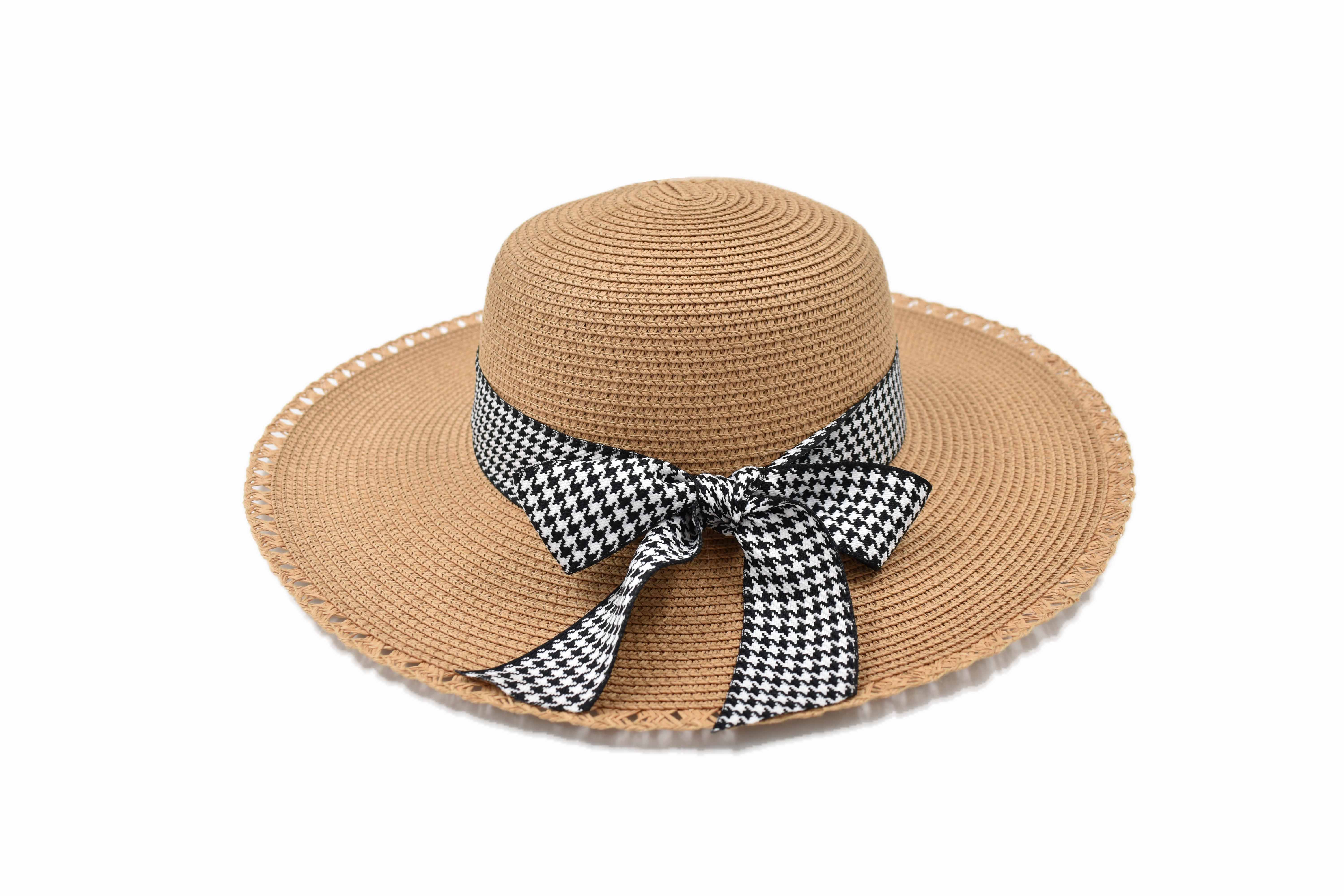 Sombrero tipo pamela, camel, detalle en cinta multicolor.