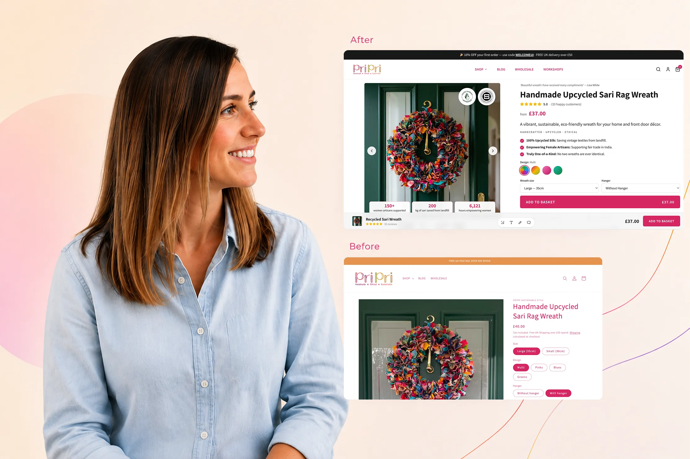 Millie Citton, CRO consultant, beside a real before and after conversion audit example from the Pri Pri ecommerce case study.