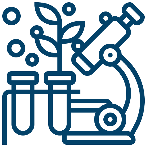 Line icon of a microscope next to two test tubes with a small plant growing out of one test tube and bubbles around.