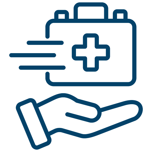 Outline of a hand holding a first aid kit with a medical cross and motion lines indicating speed.