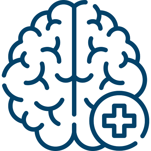 Outlined brain icon with a medical cross symbol indicating mental health or brain health.