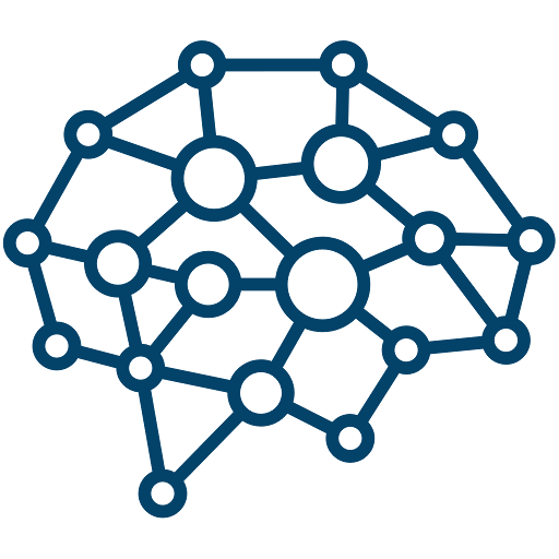 Abstract neural network icon with interconnected nodes forming a brain shape.
