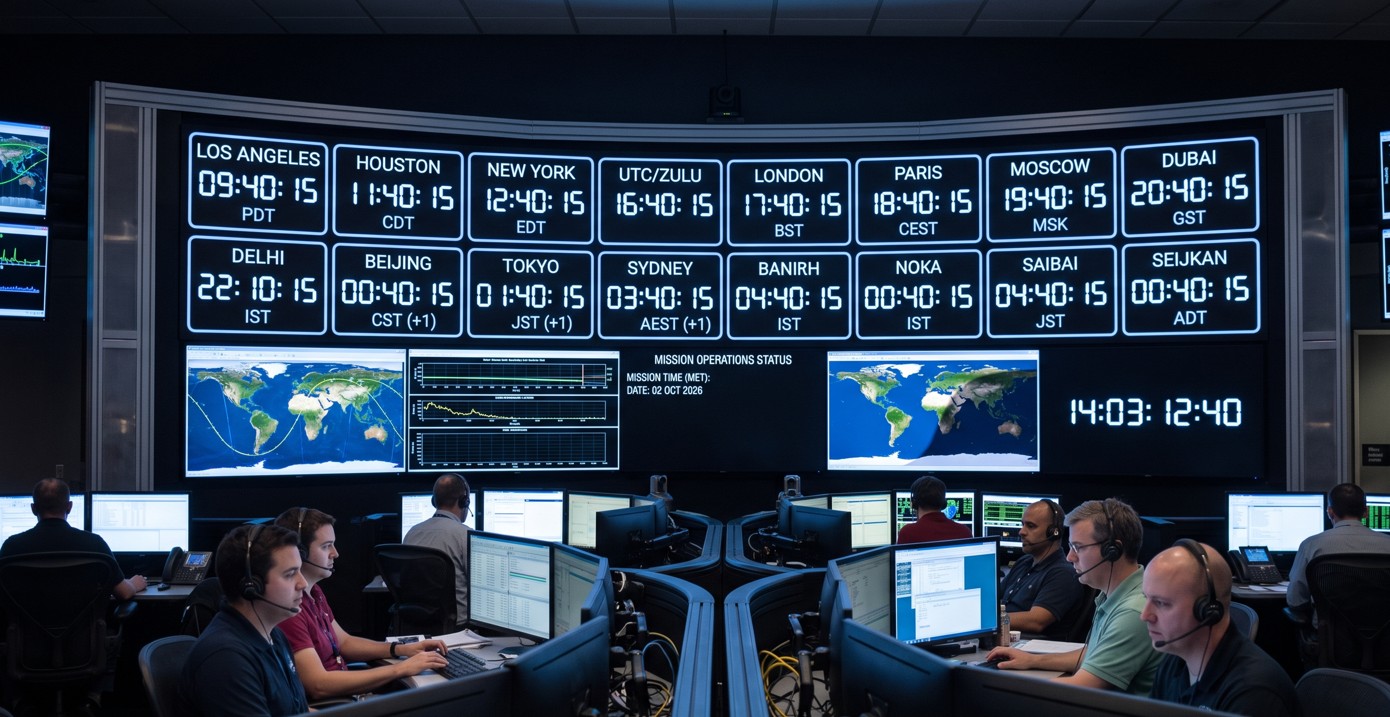 World clocks in a mission control room
