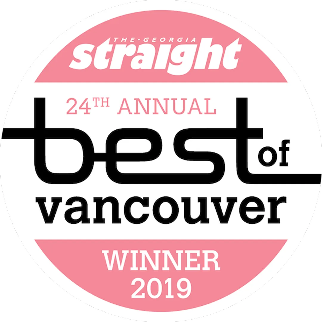 Badge reading 'The Georgia Straight 24th Annual Best of Vancouver Winner 2019' in white, black, and pink.