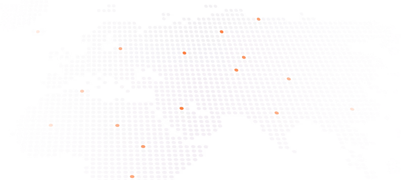 Dotted world map highlighting key locations in Europe, Africa, and Asia with orange markers.