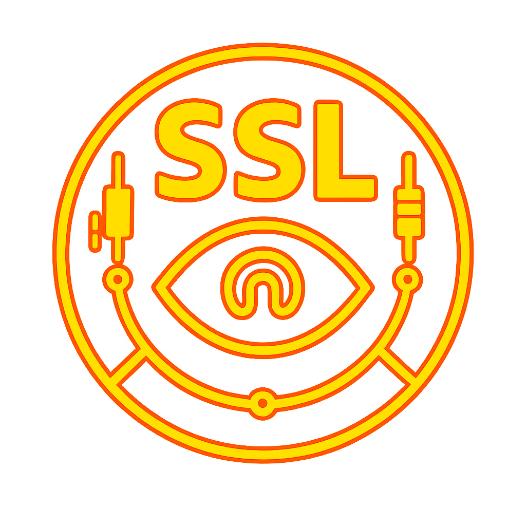Circular orange and yellow icon with the text 'SSL' above an eye symbol containing an '@' sign and connected plugs around the circle.