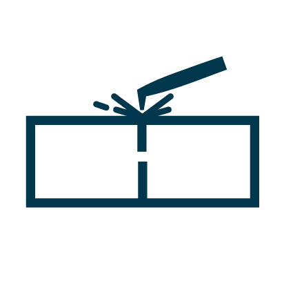 Icon of a welding torch emitting sparks onto two metal pieces being joined.