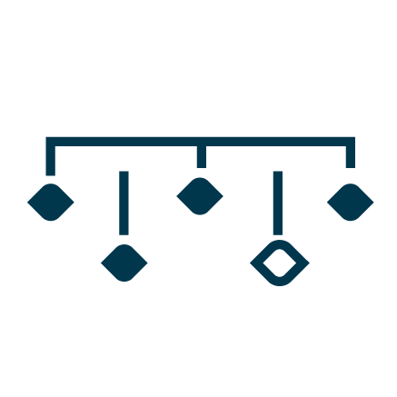 Simplified dark blue family tree or hierarchical chart icon with five nodes connected by lines.