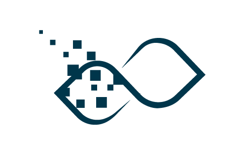 Abstract design of two leaf shapes formed by a continuous dark line, with one leaf dissolving into small squares on the left.