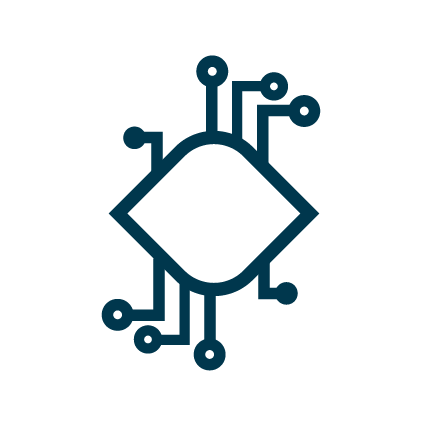 Icon of a microchip with multiple circuit connections extending outward.