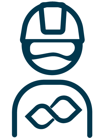 Outline of a person wearing a safety helmet and goggles with an infinity symbol on the chest.