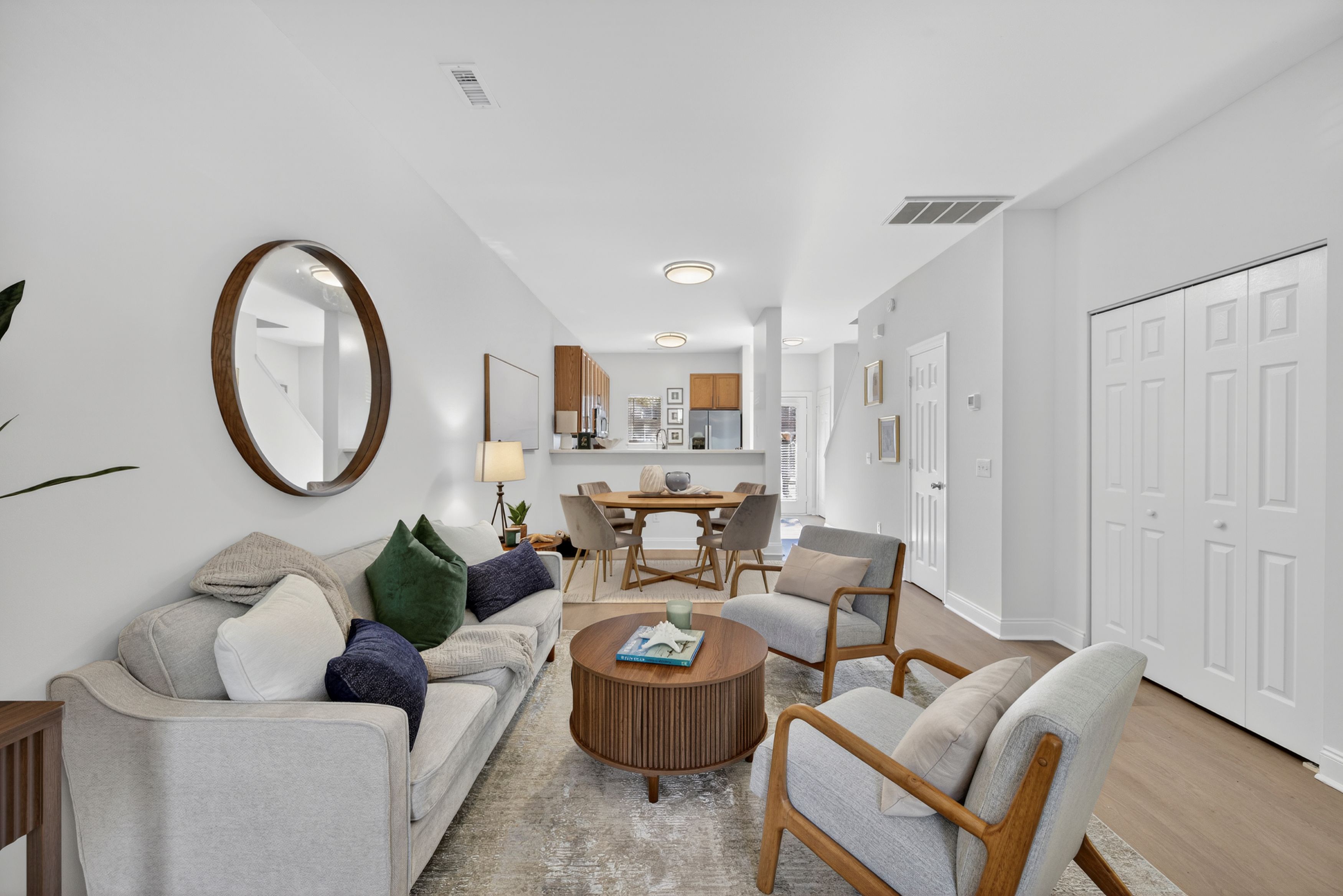 Oversized living area connected to dining and kitchen.
