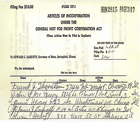 Handwritten Articles of Incorporation form under the General Not for Profit Corporation Act with names and addresses, including Chicago, Illinois.