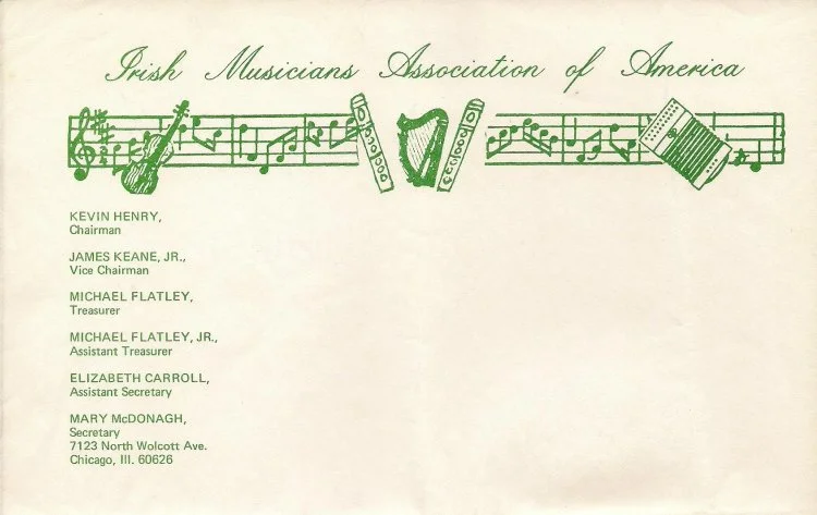 Letterhead of the Irish Musicians Association of America featuring musical notes and illustrations of a fiddle, flute, harp, and accordion in green, with contact details and officer names listed on the left.