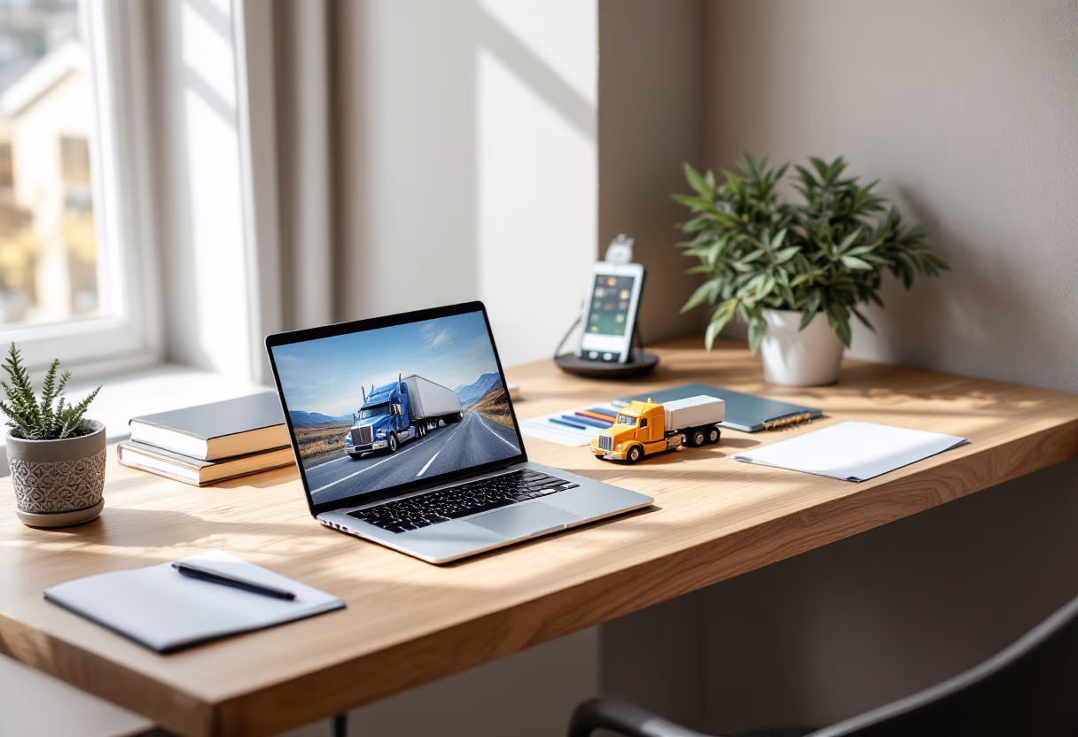 [background image] image of desk with a laptop (for a trucking company)