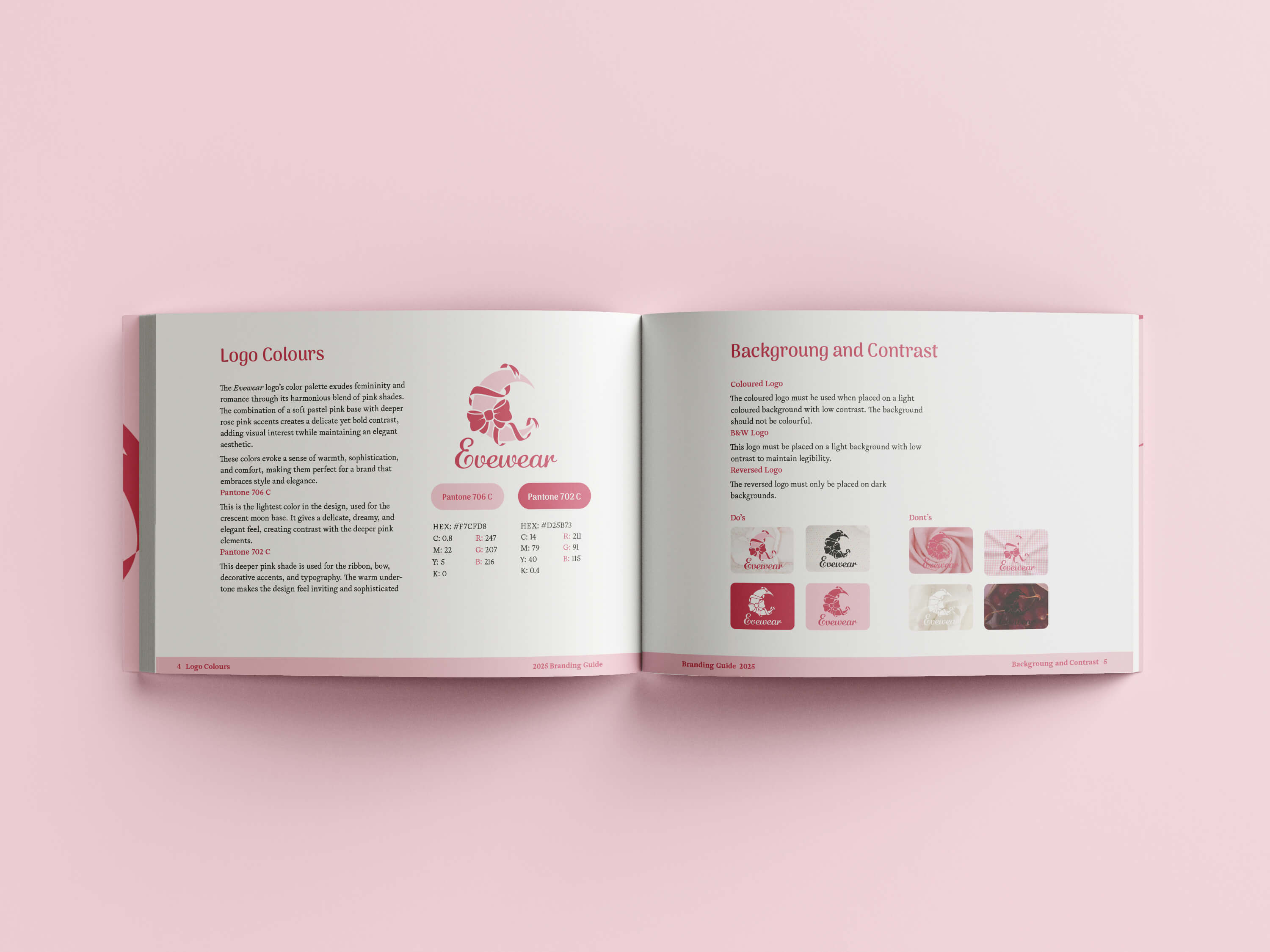 Open branding guidebook showing logo colours on the left page and background and contrast guidelines with logo examples on the right page.