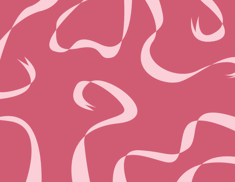 Pink ribbon-like swirls on a muted red background forming an abstract pattern.