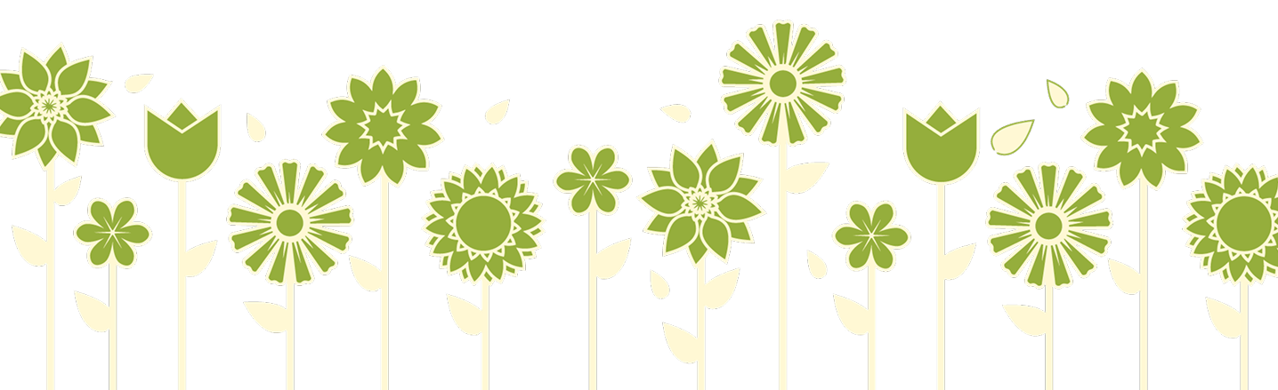 Row of stylized green and cream flowers with various geometric petal shapes on a transparent background.
