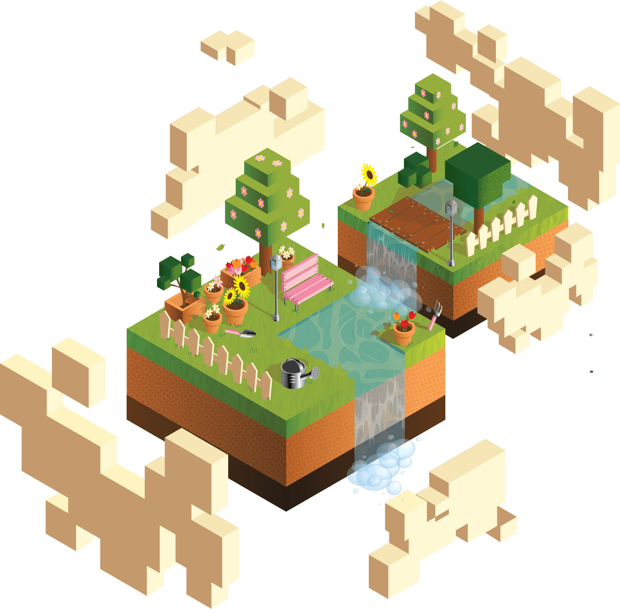 Isometric garden islands with trees, flowers, a wooden bridge over a waterfall, garden tools, and a pink bench surrounded by pixelated clouds.