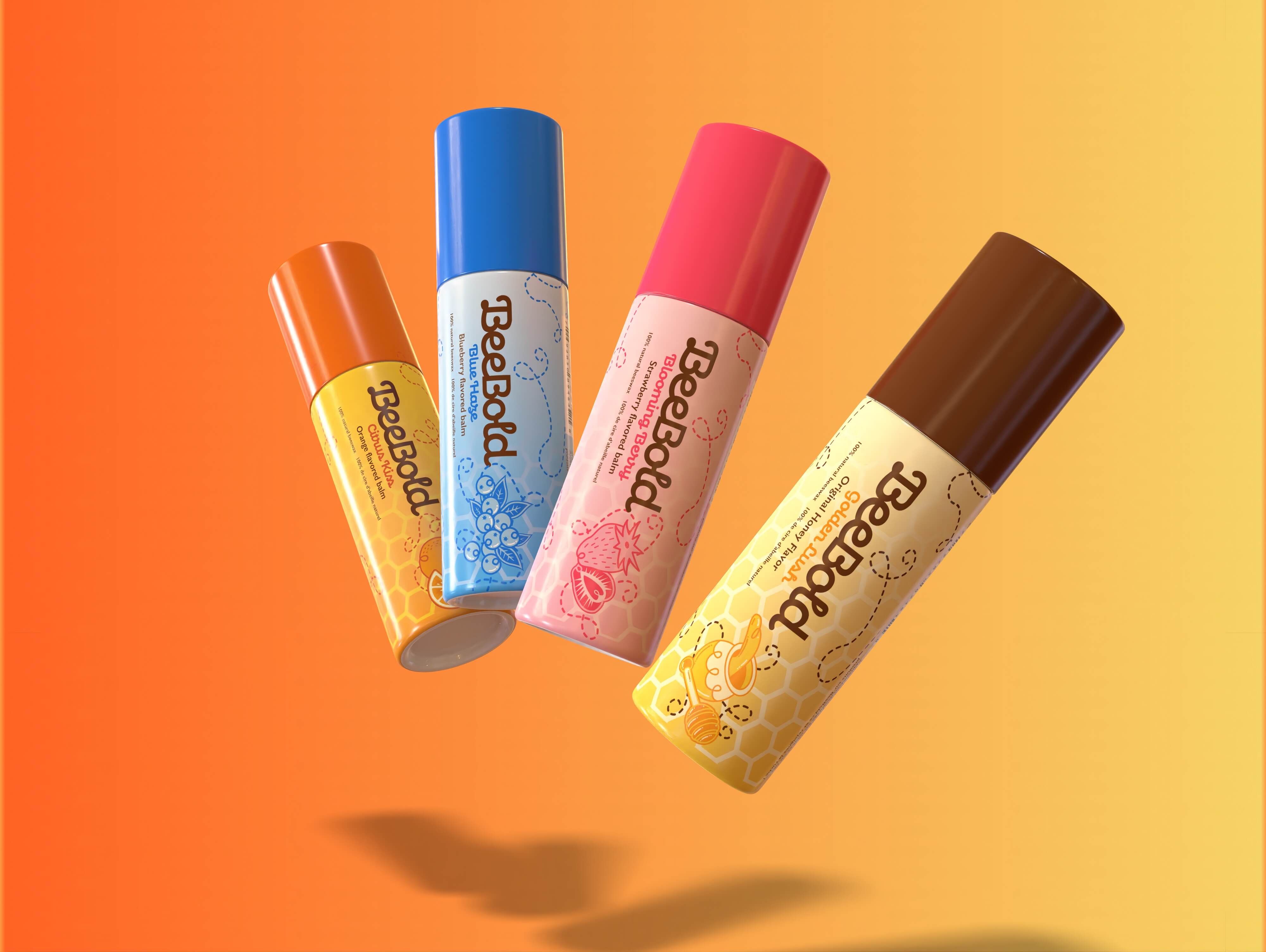 Four BeeBodd branded lip balm tubes in orange, blue, pink, and brown caps floating against an orange-yellow gradient background.