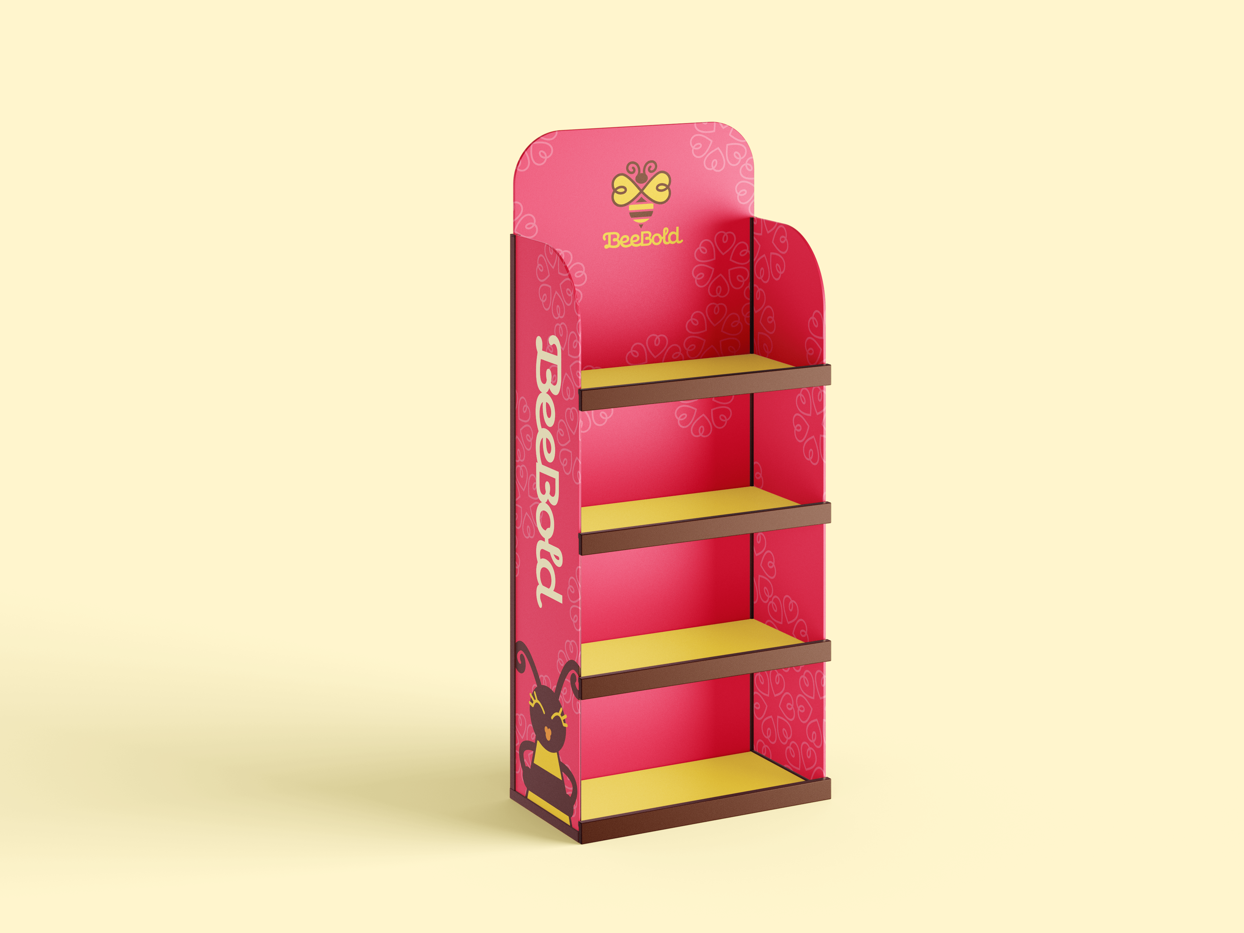 Pink and yellow BeeBold branded display stand with four shelves and bee graphics on a light yellow background.