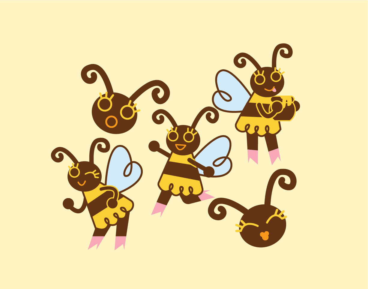 Illustration of five cute cartoon bees with yellow and brown striped bodies, blue wings, and playful expressions on a pale yellow background.