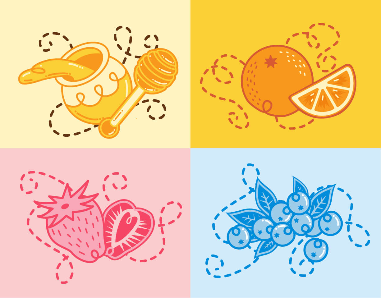 Illustrations of honey with honey dipper, orange with a slice, whole and halved strawberries, and blueberry cluster with leaves, each in its own colorful quadrant.