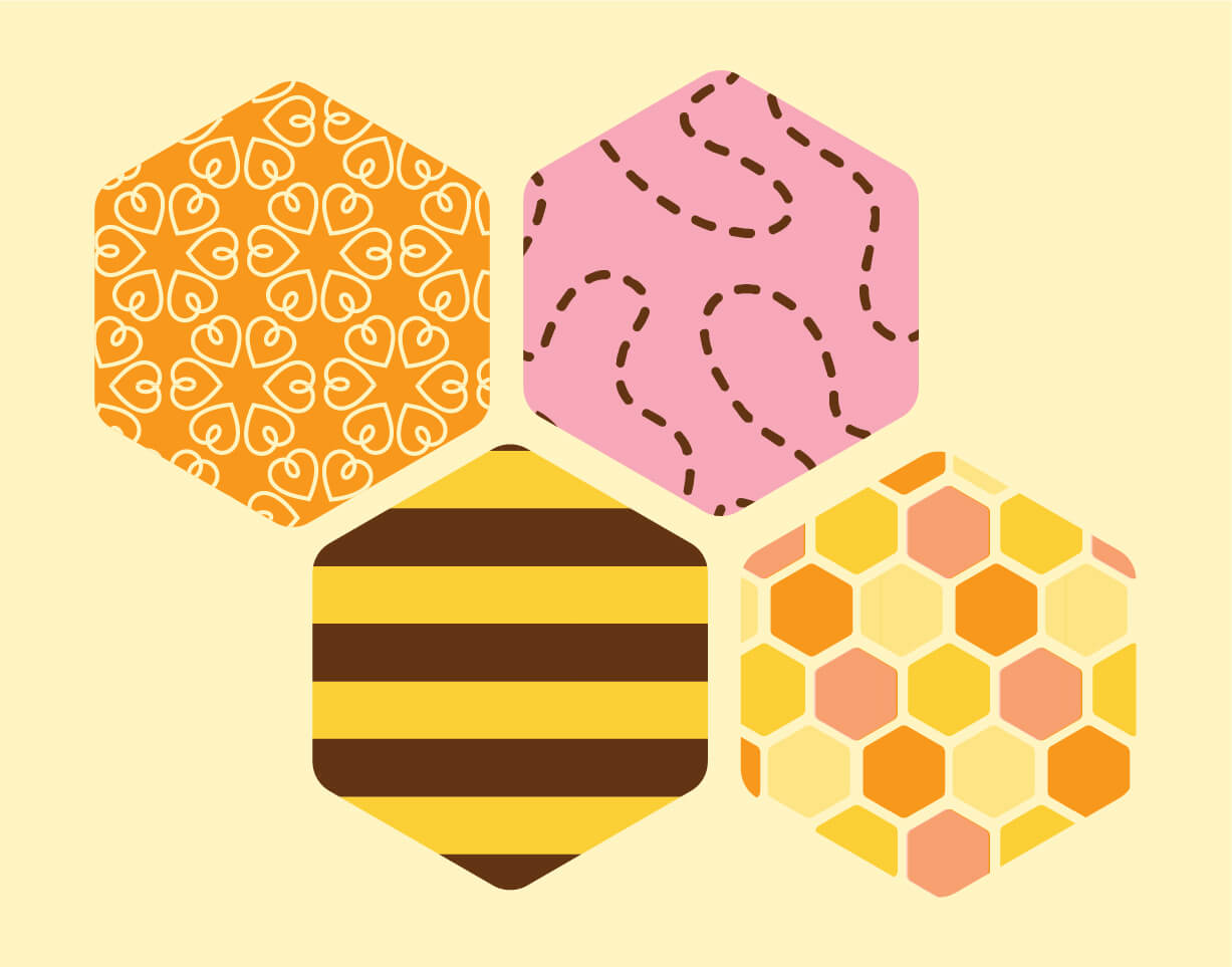 Four hexagons with different patterns: orange with white heart outlines, pink with brown dashed lines, brown and yellow horizontal stripes, and honeycomb pattern in yellow, orange, and peach.