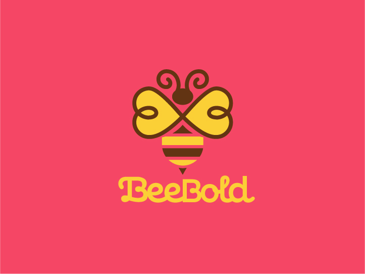 Yellow and brown stylized bee logo with swirled antennae above the text 'BeeBold' in yellow on a pink background.