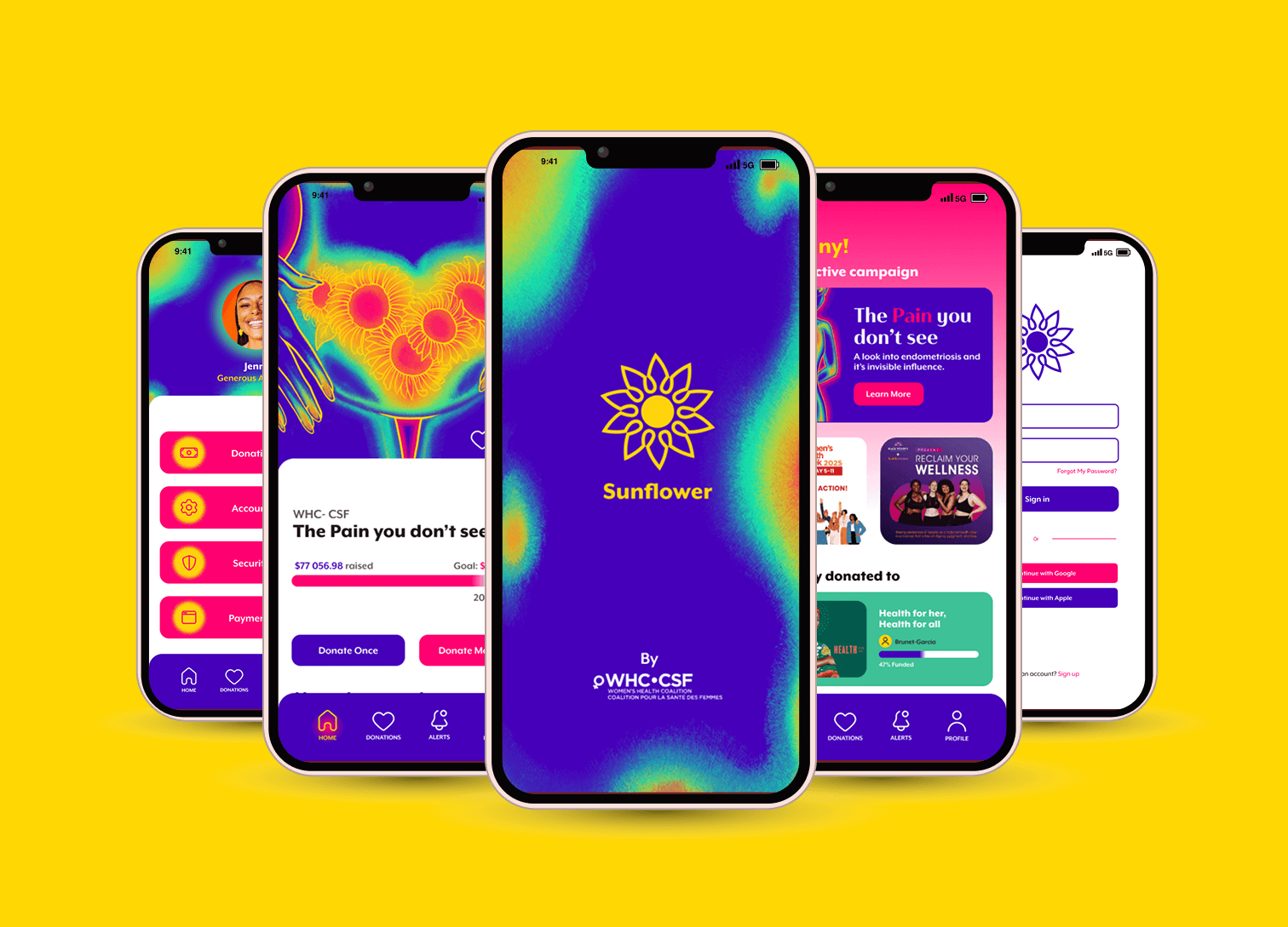 Five iPhone screens showing the Sunflower app with donation, profile, campaign details, and login pages against a yellow background.