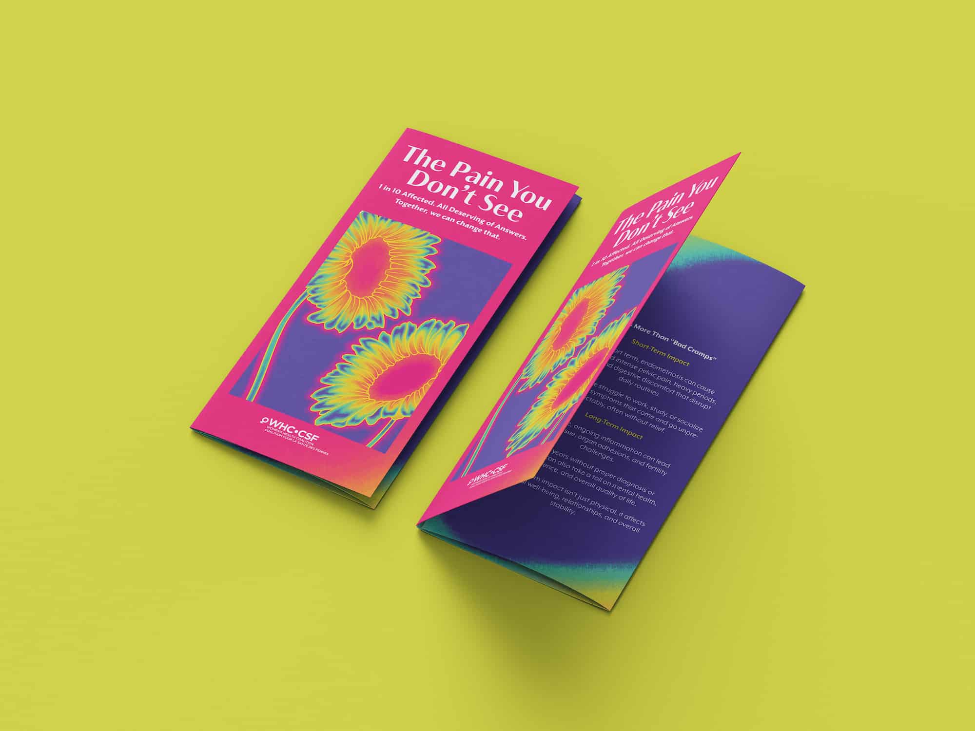 Folded brochure titled 'The Pain You Don't See' with colorful sunflower illustrations on a bright magenta and purple background.
