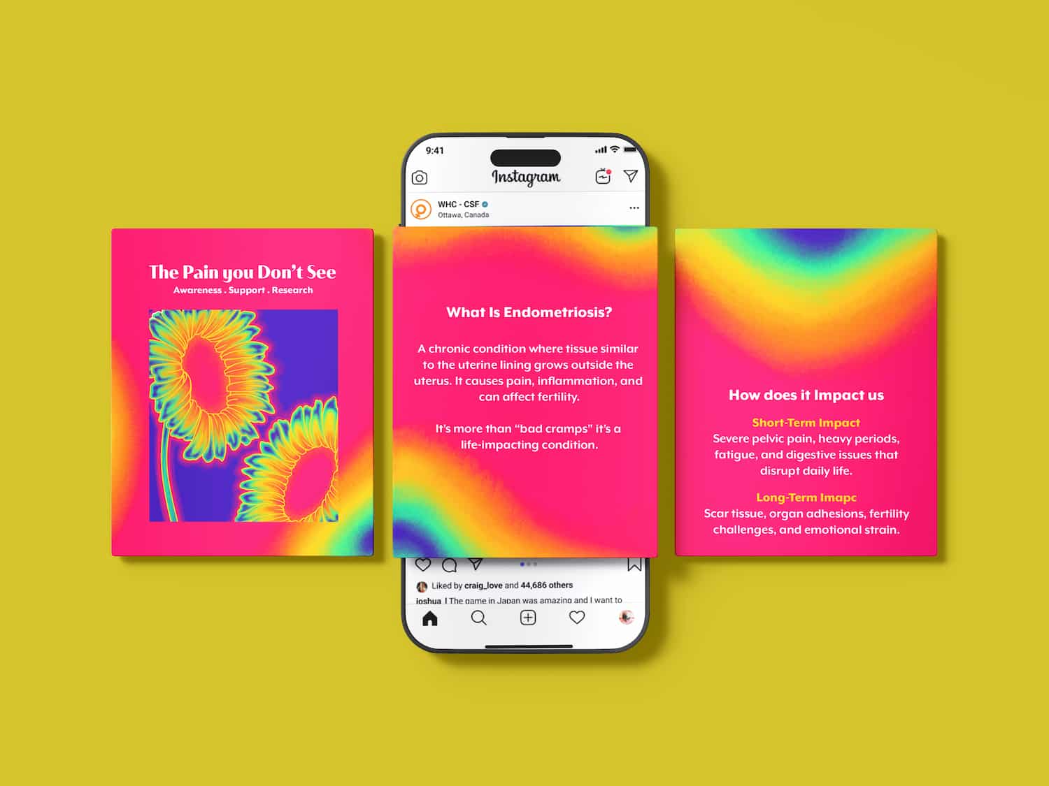 Instagram post mockup with three colorful panels about endometriosis awareness, impact, and research on a yellow background.