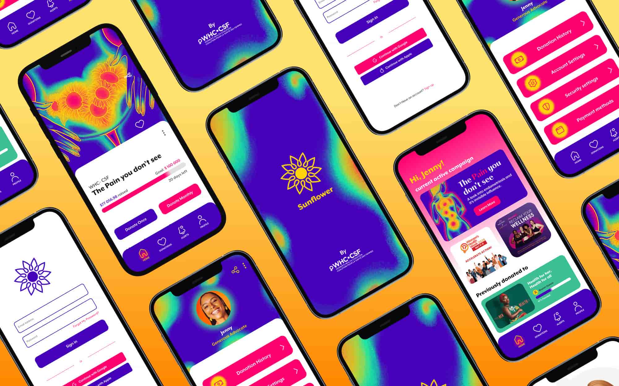 Multiple smartphones displaying screens of the Sunflower app for WHC-CSF, showing login, donation campaign, user profile, and donation history on a vibrant yellow-orange background.