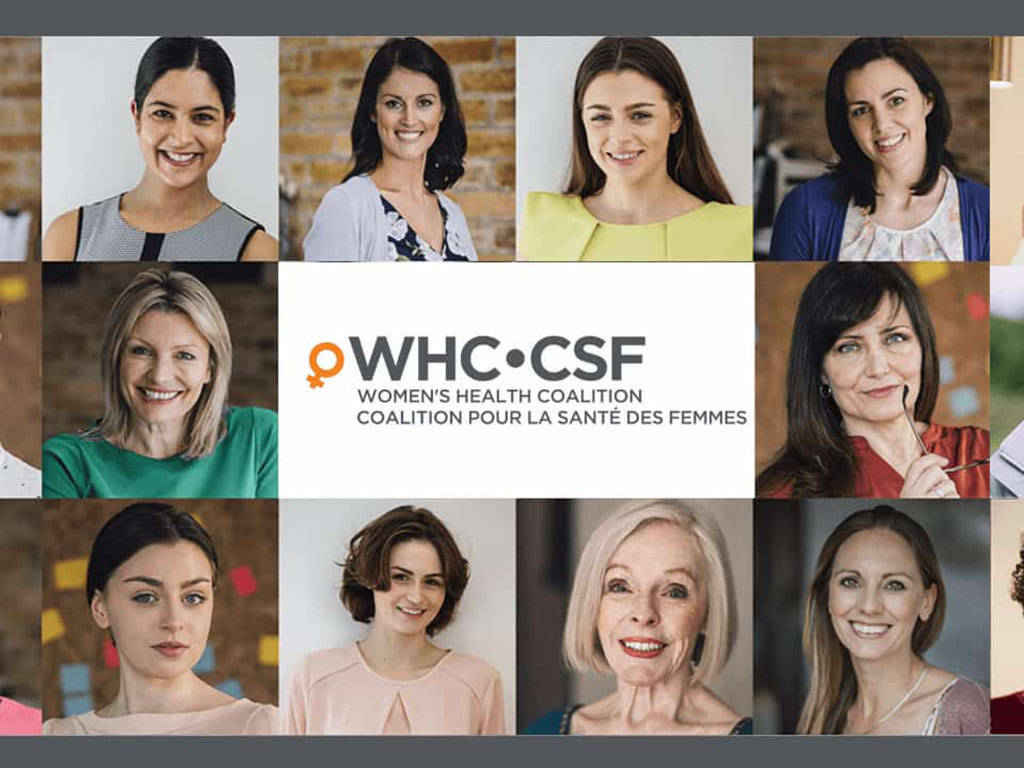 Collage of diverse women surrounding the Women's Health Coalition (WHC-CSF) logo in the center.