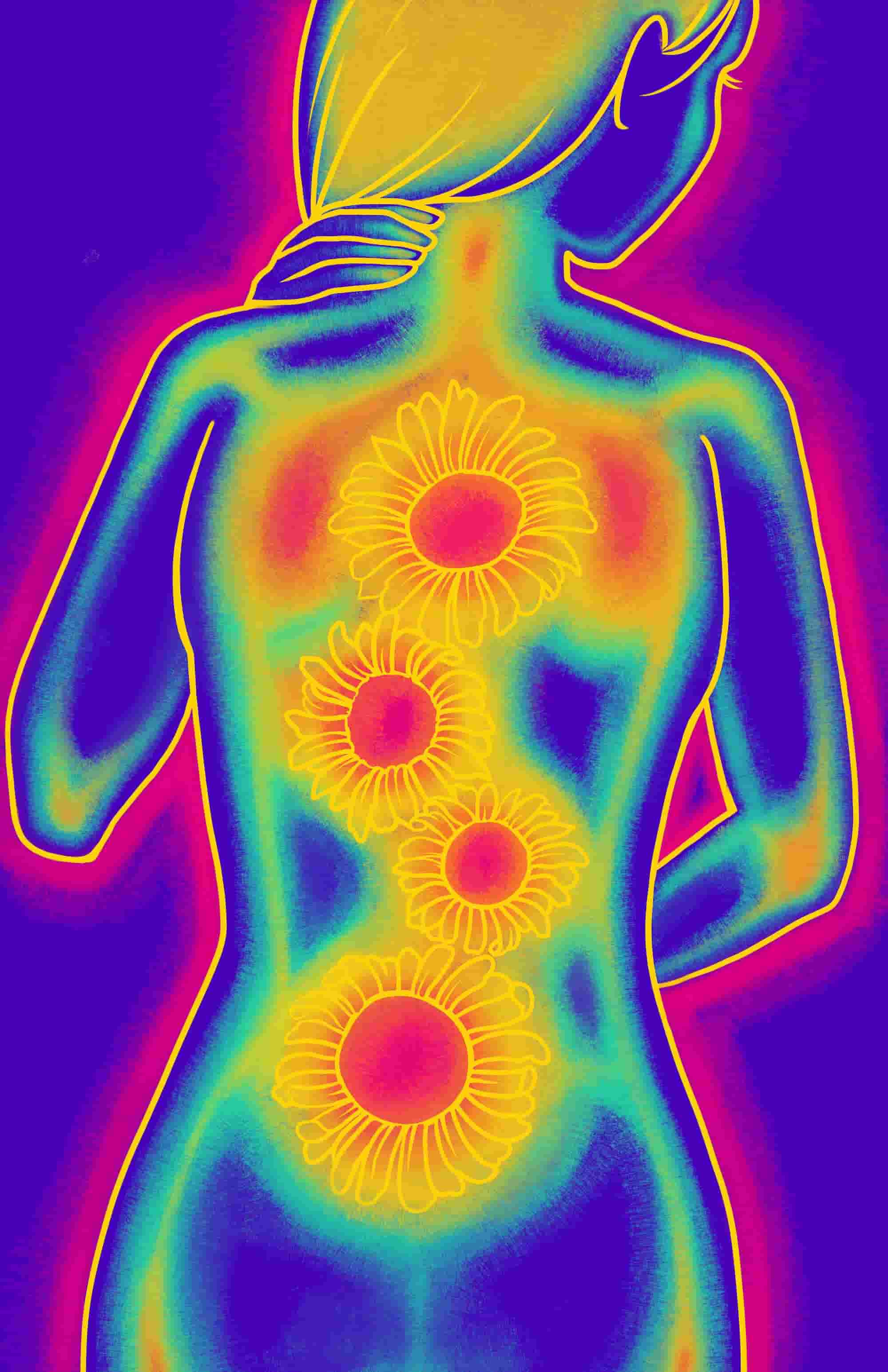 Thermal imaging style illustration of a woman's back with four sunflowers aligned along her spine in warm colors.
