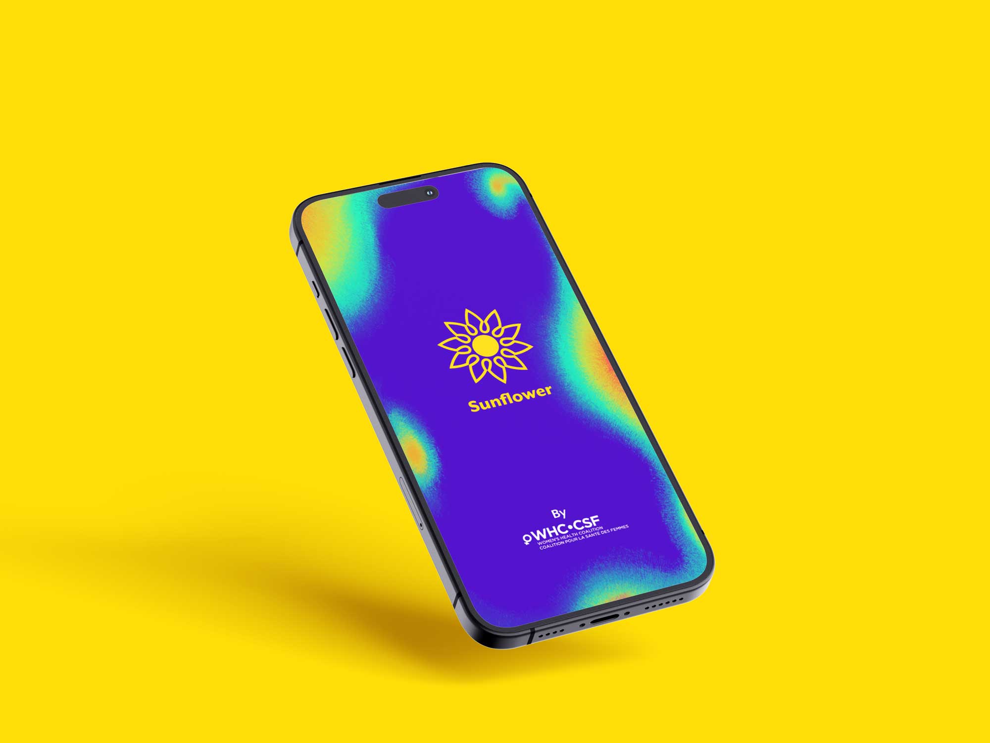 Smartphone with a blue screen displaying a yellow sunflower logo and the word 'Sunflower' on a bright yellow background.