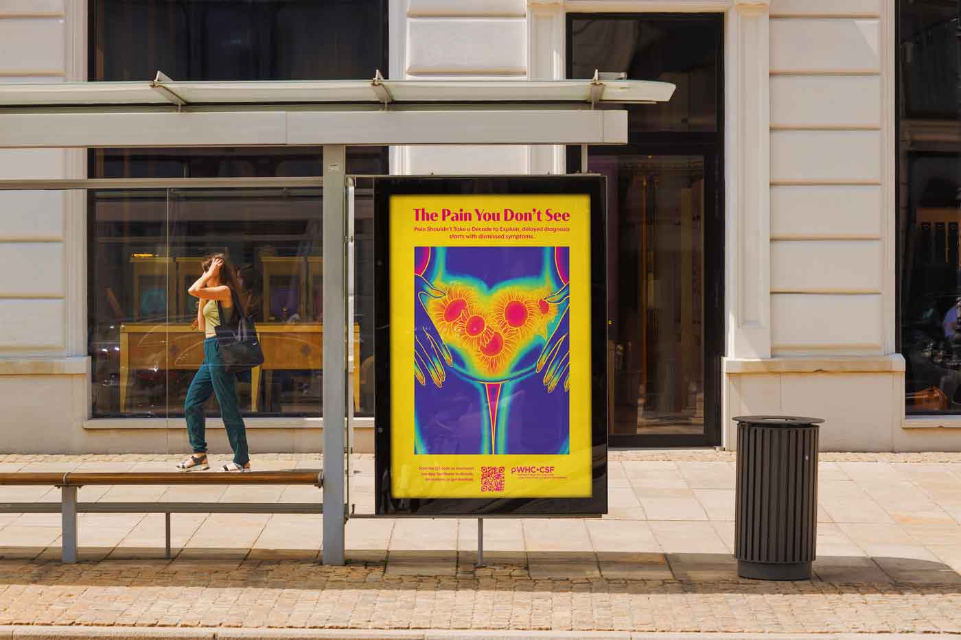 Bus shelter with a vibrant yellow and purple poster showing an abstract thermal image of a pelvic area with hands, titled 'The Pain You Don't See.'